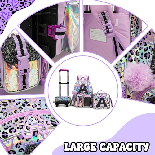 Image of Meetbelify 3 in 1 Backpack with Wheels for Girls Rolling Letter Backpack Cute Carry on Backpack Kids Luggage with Lunch Box Pencil Case for Elementary Student