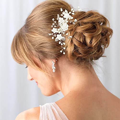 Prettylife Flower Bridal Hair Vine Pieces With Comb Pearl Floral Rhinestone Leaf White Wedding Hair Pin Accessories For Women And Girls thumb #1