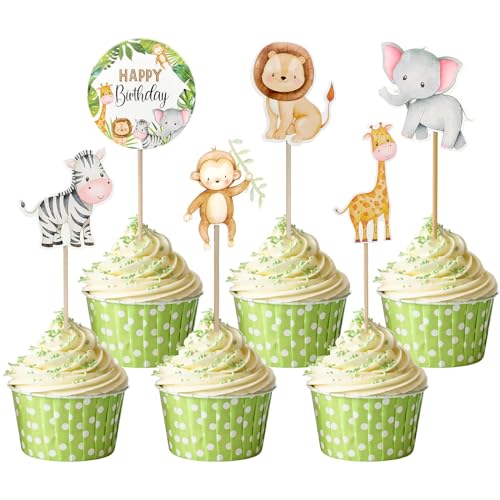Teselife 24 peças decoração madalena animais, selva decoração bolo, Safari Cupcake Topper, ornamentos bosque tema festa decoração para crianças menino aniversário