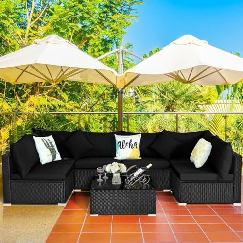 Image of DEVOKO 6 Seater Black Wicker Rattan All Weather Furniture with Glass Top Table for Outdoor, Indoor, Garden, Patio, Pool, Terrace