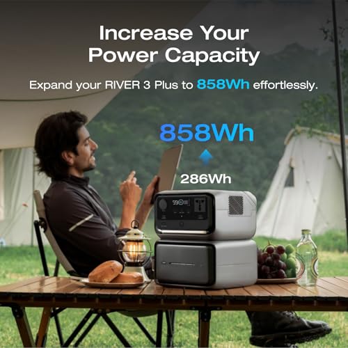 Image of EF EcoFlow Portable Power Station RIVER 3 Max Plus, R3P with EB600 Extra Battery - 858Wh LiFePO4 Battery, 1200W Output, <10 ms UPS, <30 dB, Wireless Connection, Solar Generator for Camping & RV