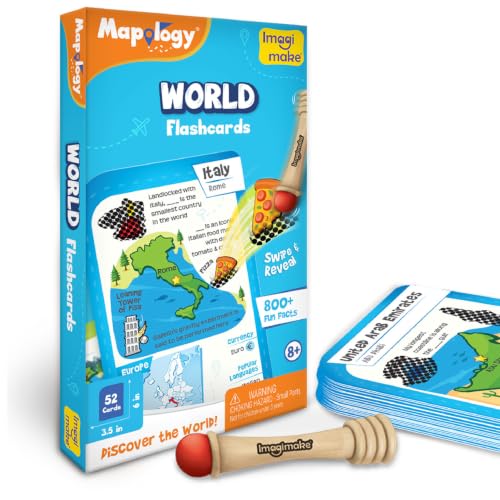 Image of Imagimake World Flash Cards | Educational Card Game | Kids Age 8+ | World card game: 52 cards & super swiper; swipe & reveal magic patches; learn 450+ facts on Country & Capitals