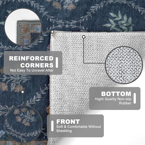 KILOCOCO 2x6 Runner Rug, Moroccan Super Soft Washable Hallway Entryway Runner Rug, Accent Print Faux Wool Kitchen Runner Rug 6 Feet Non-Slip Boho Rug Runner for Laundry Room Bedroom, Navy Blue