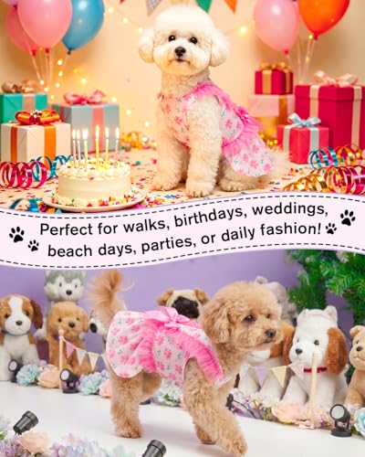 Image of CuteBone Pink Daisy Floral Pet Dress for Small Dogs, Cats - Ruffled Sleeves - Pink Satin Bow - Spring Daily, Playdate Dress
