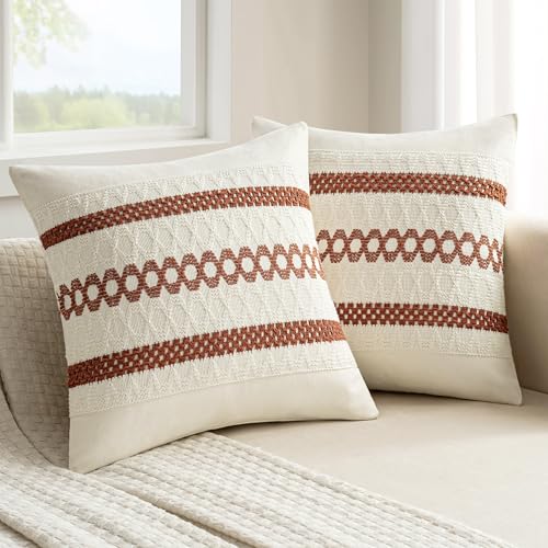 Image of MIULEE Set of 2 Rust Decorative Pillow Covers 20x20 Inch | Fall Farmhouse Boho Couch Throw Pillows Modern Cotton Cushion Covers Macrame Woven Home Decor for Bed Sofa Chair