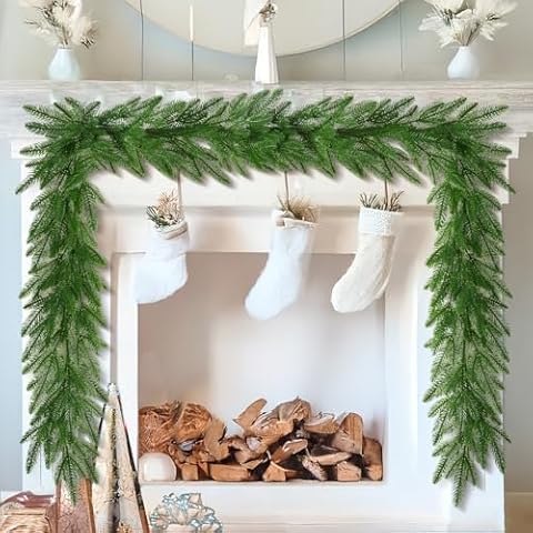 6 FT Christmas Real Touch Norfolk Pine Garlands Xmas Decoration, Artificial Faux Pine Greenery Garland for Mantle Fireplace Table Indoor Outdoor Winter Christmas Holiday Home Decor Cover