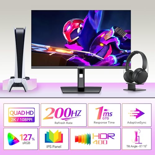 Image of CUNPU 27 Inch 1440p Gaming Monitor 200Hz, 1ms, Fast IPS Screen, HDR400, 127% sRGB Color Gamut, Tilt Adjustable Stand, Adaptive Sync Technology, HDMI & DP Ports, 2K Monitor, Black
