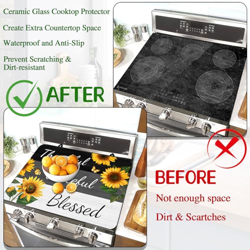 Image of Stove Top Cover for Electric Stove 28 inchx 20 inch, Sunflower Heat Resistant Glass Top Stove Cover Protector, Glass Cooktop Covers, Kitchen Flat Electric Stove Top Covers