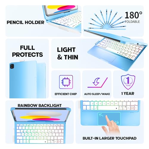 Image of NOKBABO for iPad 10th 11th (A16) Generation Case with Keyboard, iPad Air 11 inch case (M4 /M3 /M2), Keyboard for iPad Pro 11 (4th /3rd /2nd /1st) & iPad Air 5 /4, Trackpad, 360 Swivel, Backlit - Sky Blue