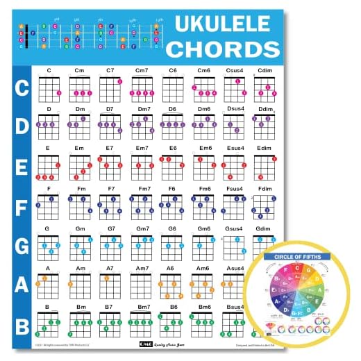 QMG Ukelele Chords Cheatsheet - Tabla de teoría musical laminada A4 con círculo de quintos para principiantes