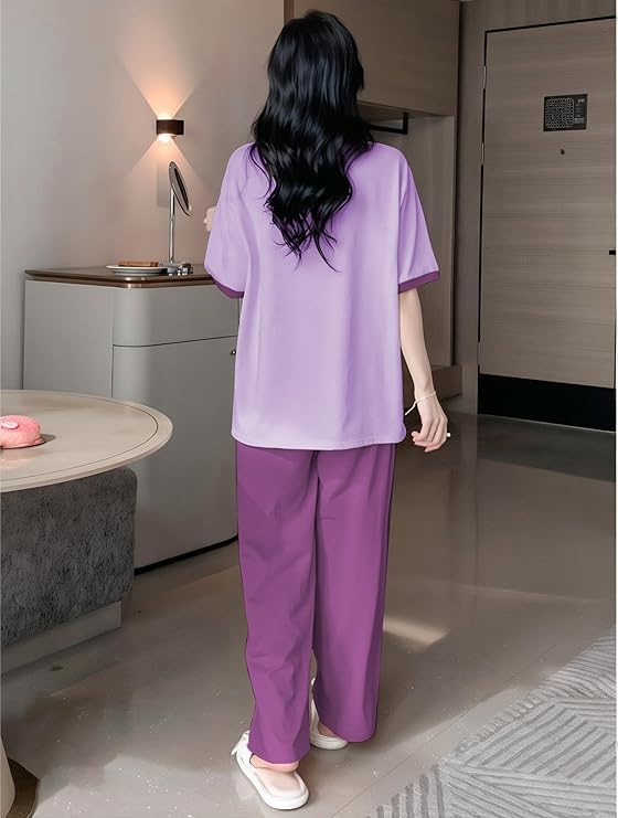 Image of KSHS Printed Round Neck Short Sleeve Nightsuit Set | Pajama Set | Casual Night Dress for Women