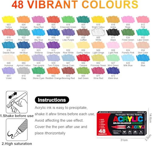 Image of JOLLIFFE Acrylic Paint Markers Set of 48 - Brush Tip Paint Pens, Rich Vivid Colors, Direct Liquid Ink System, Waterproof & Quick Dry for Rock Painting, Canvas, Glass, Wood, Fabric & DIY Crafts