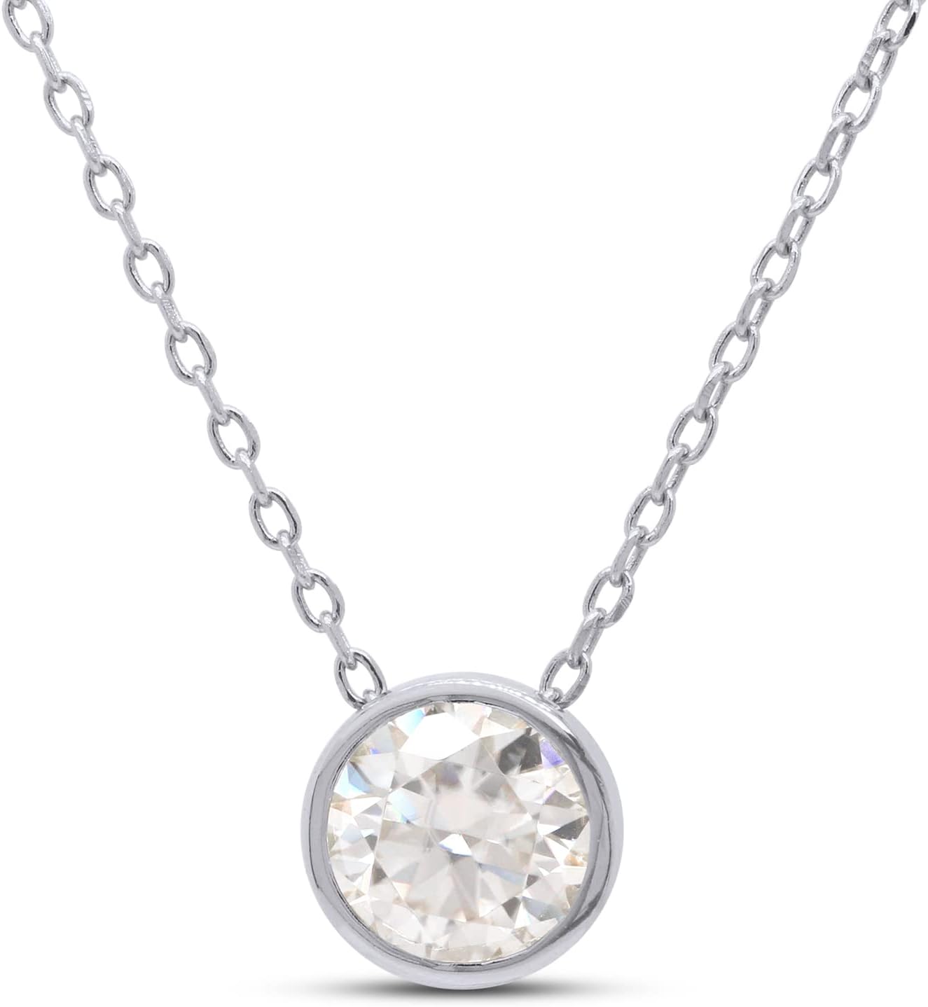 SAVEARTH DIAMONDS Solitaire Pendant Necklace for Women 6.5MM Round Lab Created Moissanite & Lab Grown Diamond Bezel Set Pendant in 14k Gold Over Sterling Silver jewelry Gift For Her