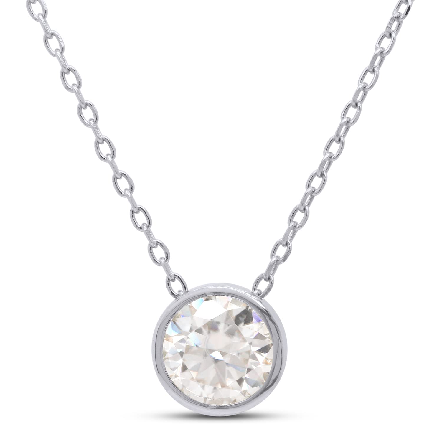 SAVEARTH DIAMONDS 1.00 ct 6.5MM Lab Created Moissanite & Lab Grown Diamond Bezel Set Solitaire Pendant Necklace In 14k Gold Over Sterling Silver 18" Chain, Gift For Her