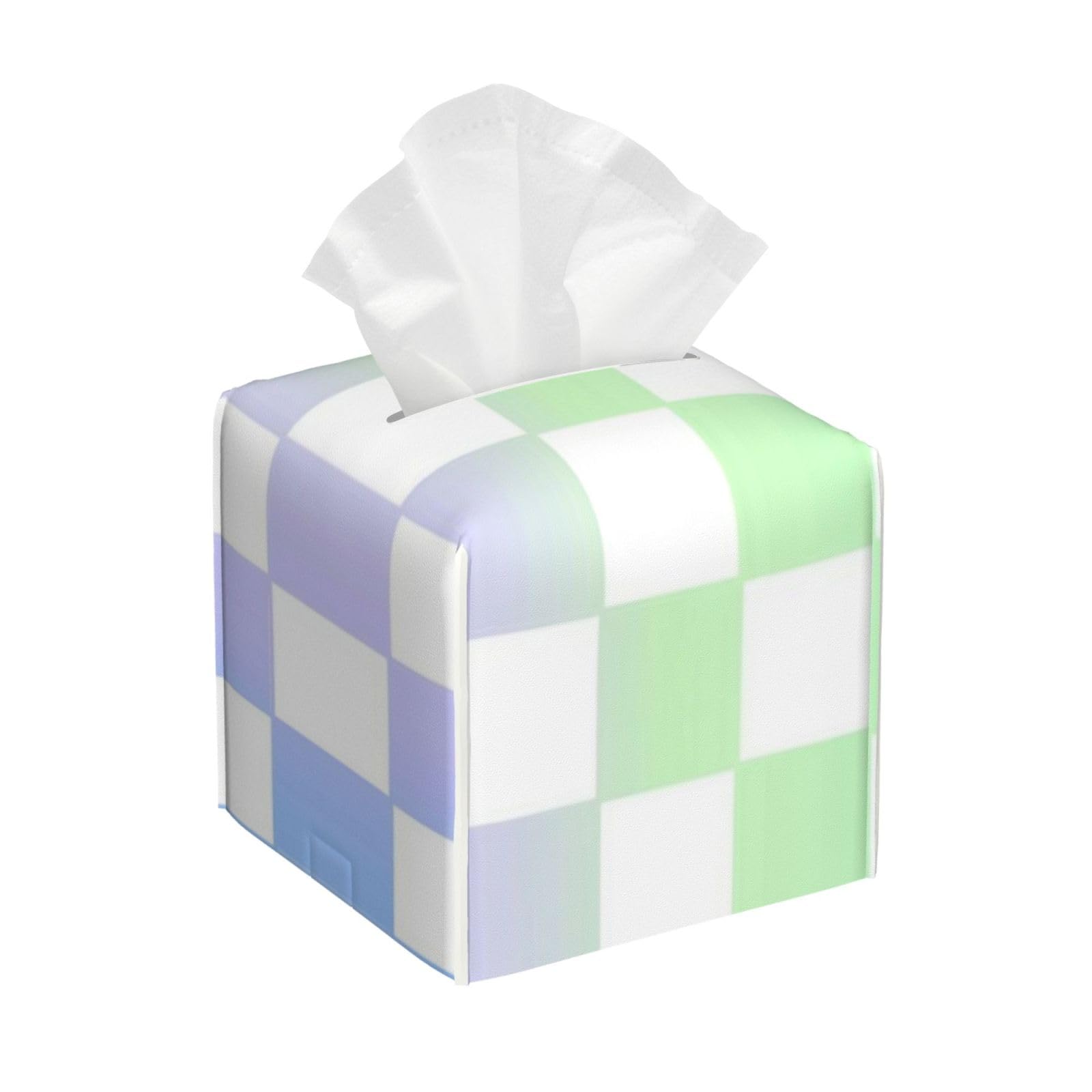 Checkered Pattern in Green Purple and Blue Tissue Box Cover 5" Square Leather Tissue Holder Facial Tissue Case for Tabletop Bedroom Bathroom Desk Decor