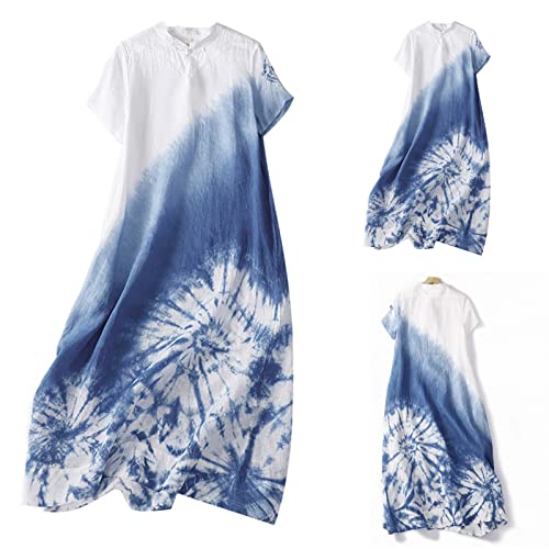 Women's Vintage Cotton Linen Dress Frill Trim Button Down 3/4 Sleeve Casual Midi Dresses Summer Loose Flowy Sundress, Short Sleeve Tie-Dye Dressy Casual Sun Dress #TOP1