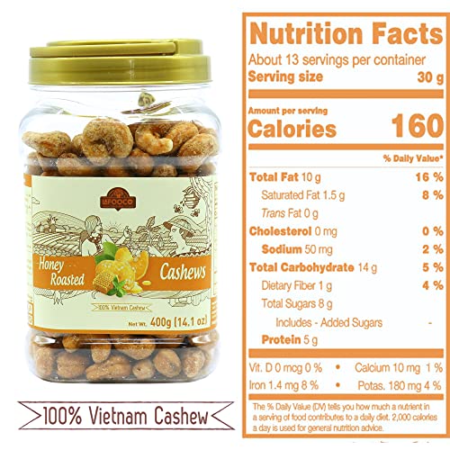 Image of LAFOOCO Honey Roasted Cashews 14.1 oz, Sweet Crunchy Party Nuts Gift | Whole cashews in a natural honey glaze. Halal & BRCGS certified Vietnamese nuts in a resealable jar. Sweet salty snack.