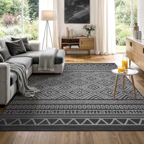 the carpet Calgary - moderner Teppich für Wohnzimmer & Esszimmer, Robustes, pflegeleichtes Flachgewebe im Vintage-Boho-Stil, ideal für Küche, Flur & Schlafzimmer, Anthrazit, 140 x 200 cm