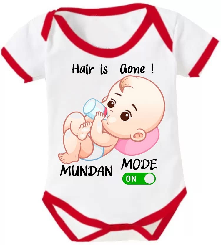 Printmate® Hair Is Gone Mundan Mode On Printed Mundan Special Dress | Mundan Romper | Cotton Half Sleeve Unisex Baby Romper | Onesies for Baby Boy & Girl (B381)