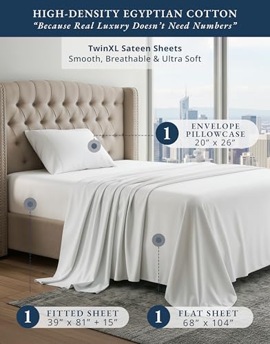 Image of LANE LINEN Twin XL Sheets 100% Egyptian Cotton Sateen - White | Twin XL Sheet Sets - 3-Piece Set, Ideal For Dorms And Adjustable Beds, For Guests And Everyday Use, Luxe Sheen,
