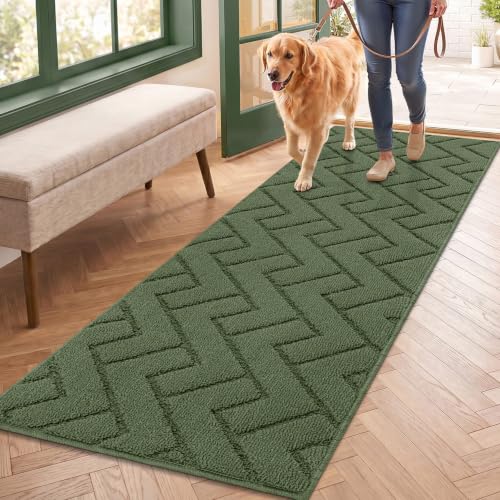 Image of hicorfe Dirt Trapper Indoor Doormat,20 inchx59 inch Welcome Door mat,Non Slip Backing Washable Door Mats,Absorbent and Resistant Low-Profile Entrance Inside Floor Mat for Front Back Door,Entryway (Green)