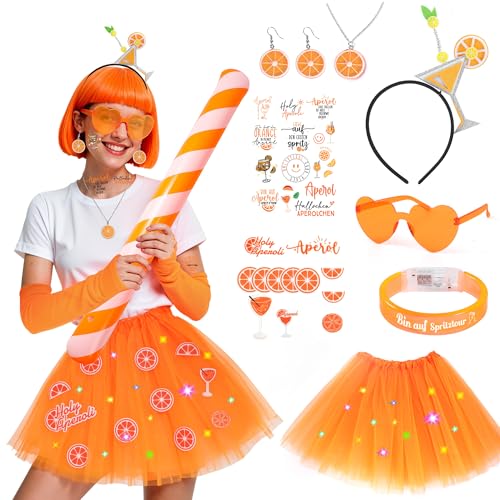 ImnBest Apero Kostüm für karneval kostüm damen Glänzend Tüllrock Orange Haarreif Sonnenbrille Halskette Ohrringe Selbstklebend Aufklebers für Fasching Festival Party Geschenk für Aperol-Liebhaber