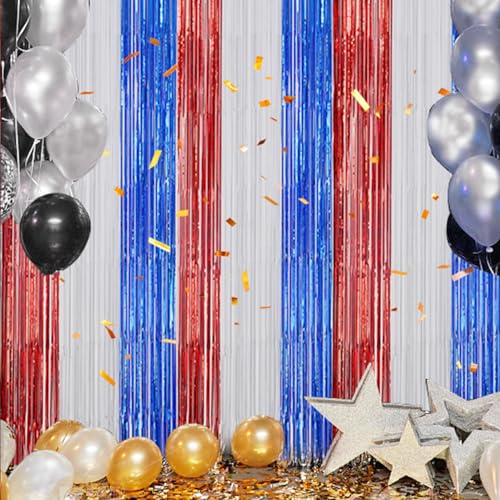 Image of DECOCKRAT 3 Pack Foil Fringe Backdrop - Red&White&Blue Shiny Tinsel Curtains for Party Decoration /Photo Booth Props - 3.3x8.2 FT Metallic Foil Backdrop for Birthday, Wedding, Graduation, Christmas.
