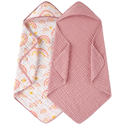 Image of Looxii Baby Bath Towels 2 Pack Muslin Hooded Baby Towels for Newborn and Infants, 100% Cotton, Large 32x32Inch, Soft and Absorbent