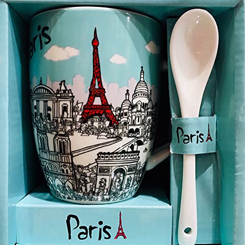 Home Decoration Mini tasse Paris Tour Eiffel avec une cuillere - motif pastel bleu vert - attention mini mug