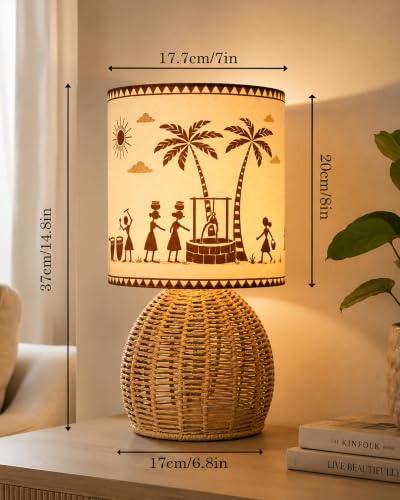 Image of Homesake Handwoven Rattan Table Lamp with Aipan Art Printed Fabric Shade, Boho Bedside Lamp, Decorative Raffia Cane Table Lamp, E27 Holder, Living Room, Bedroom, Study & Home Decor, Bulb Included