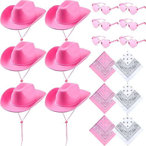 Image of Coume 6 Sets Cowboy Hat with Heart Sunglasses and Paisley Bandanas Western Cowgirl Hat for Cosplay Costume Adults(Light Pink,White)