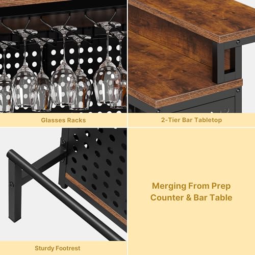 DWVO LED Mini Home Bar Unit with Music Sensing Light, Liquor Wine Cabinet with Storage, Bar Table Top Alcohol Storage Shelf Glasses Rack Footrest for Kitchen Pub Living Room, Rustic Brown