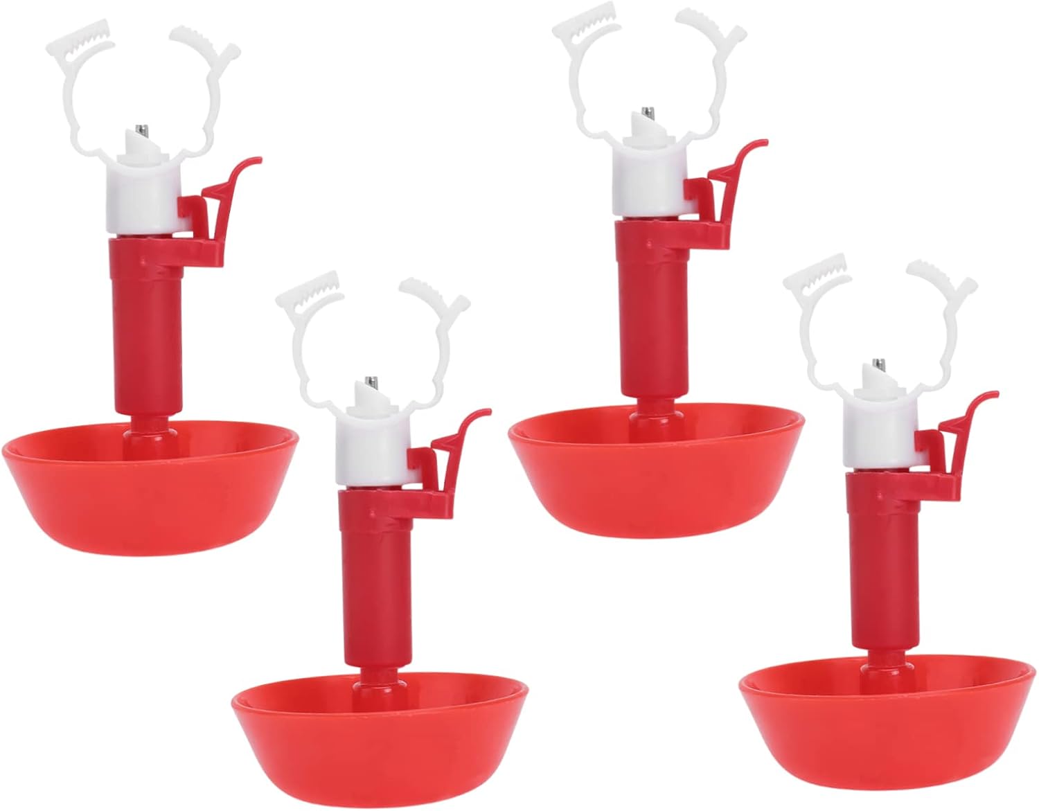 Automatic Bird Water Drinking Cups 4Pcs Plastic for Pigeon and Hens | Red Clip Design, Reduces Waste, Practical Home or Farm Use, Easy to Use for Poultry Watering