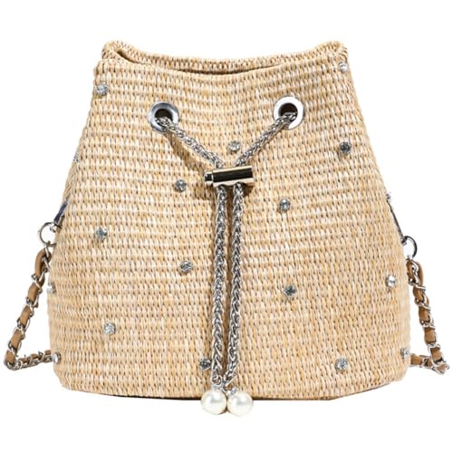 Pearl Straw Bucket Purse for Women Summer Vacation Crossbody Purses Beach Bag Beaded Rhinestone Handbag