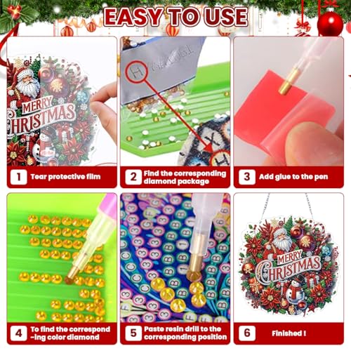 Image of HASTHIP Diamond Painting Kit Hanging Decor, Christmas Door Sign Hanging Decor, Shining Diamond Art Santa Claus Window Festive Ornament Christmas Gift 19x19cm