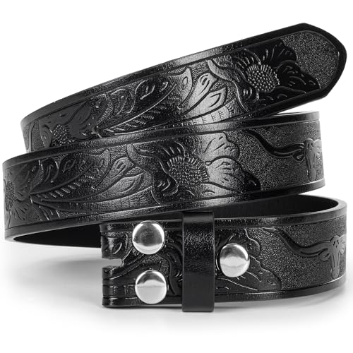 IZUS Vintage Western Belt Strap without Buckle Longhorn-Bull-Embossed Cowboy Belt for Women Men 1-1/2" Wide PU Leather Strap2