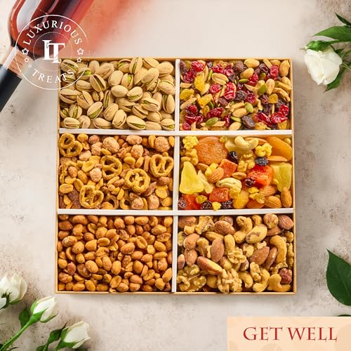 Image of Luxurious Treats Nuts Gift Basket, Get Well Basket Gourmet Collection Healthy Food Box Mixed Cravings Platter Tray Sampler Assortment Mix for Men Women, Feel Better Surgery Sympathy