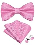 Gusleson Pink Bow Tie Pocket Square Set for Wedding Pre-Tied Light Pink Paisley Bowties Handkerchief Cufflinks for Men (UK0497-15)