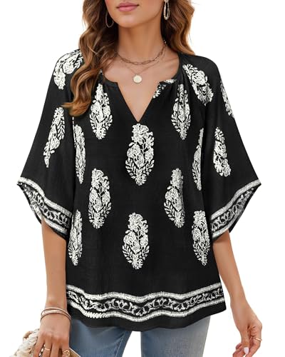 bebonnie womens 34 sleeve v neck bohemian peasant blouses casual loose fit tunic tops