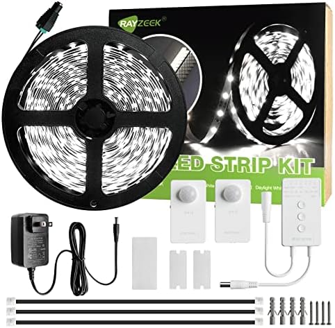 RAYZEEK Wireless Motion Activated LED Strip Lights,19.7FT LED Strip Lights with UL Listed Adapter,RF Wireless Motion Sensor Control Dimmer,Timing,Cool White (1×Controller+2×Motion Sensor)