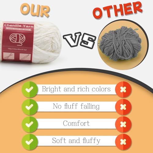 Image of LUNARM Chenille Yarn for Crochet Knitting Chunky Blanket Velvet Yarn | 18 Pack 100g /3.5oz White Thick Soft Chenille Yarn for Beginners Knitting Fluffy Weaving Plush Scarves with Big Eye Needles