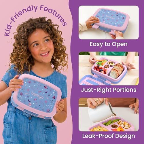 Image of Bentgo Kids Prints Leak-Proof, 5-Compartment Bento-Style Kids Lunch Box - Ideal Portion Sizes for Ages 3-7, Durable, Drop-Proof, Dishwasher Safe, & PFAS & BPA-Free Materials (Lavender Galaxy)