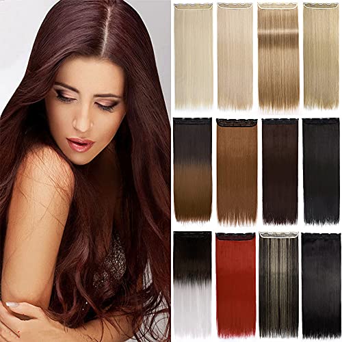 S-noilite One Piece Clip in Hair Extensions Straight Long Thick Natural with 5 Clips Replaceable Hairpiece for Women Add Hair Length and Thickness - 26 inch Medium Brown