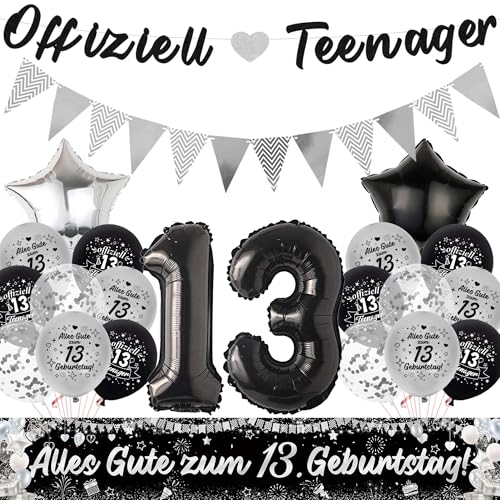 Offiziell Teenager 13. Geburtstag Deko Ballons - 13 Geburtstagsdeko Luftballons Girlande und Stoff Banner XXL Zahlenballon und Wimpel für 13. Geburtstagsfeier Dekoration (Schwarz)