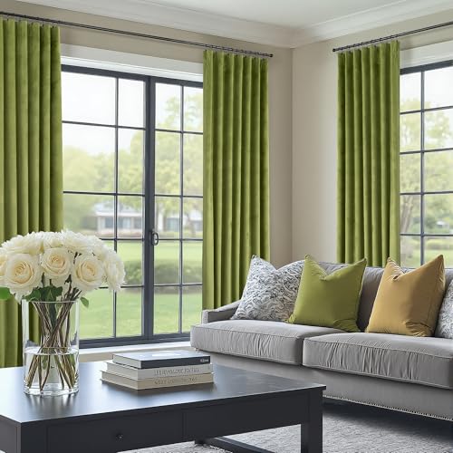 Image of Avocado Lime Moss Green Curtains 108 Inches Long for Living Room Patio Door 2 Panels Luxury Velvet Room Darkening Floor Ceiling Drapes Thermal Insulated Curtain for Bedroom Earthy Room Decor Aesthetic
