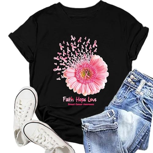 Breast Cancer Shirts for Women Sunflower Pink Ribbons T-Shirt Breast Cancer Awareness Tee Tops