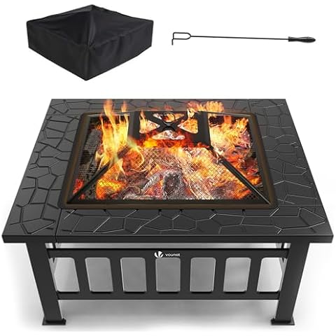 VOUNOT 3 in 1 Metal Square Firepit 32 inch Heavy Duty Fire Pit Table Outside Wood Burning Fire Pits with Spark Screen Lit and Rain Cover for Camping Garden Patio, Black Cover