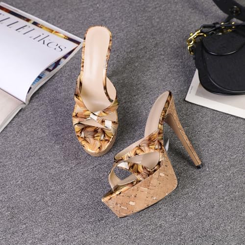 Image of Esvowido Heeled Mules for Women Cork Platform Stiletto Heels Slip on Open Toe High Heeled Sandals Crisscross Slippers Pumps Shoes