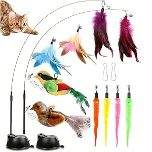 Fan Hua 14 PCS Katzenspielzeug Angel mit Feder- Interaktives Spielzeug für Katzen Federspielzeug Mit Saugnapf für Kitten SelbstbeschäFtigung (mit Feder/Vogel/Wurm)