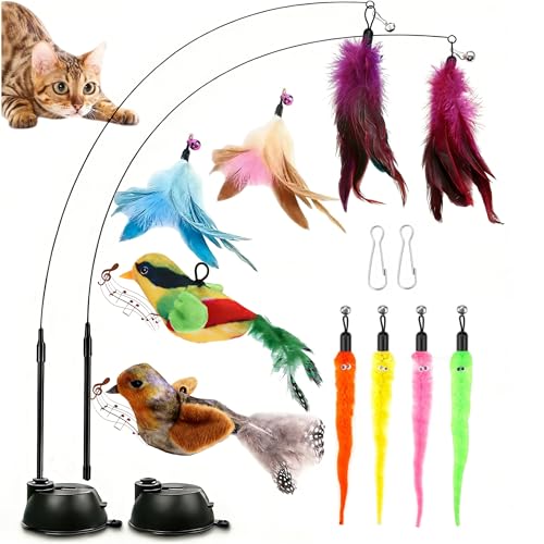 Fan Hua 14 PCS Katzenspielzeug Angel mit Feder- Interaktives Spielzeug für Katzen Federspielzeug Mit Saugnapf für Kitten SelbstbeschäFtigung (mit...